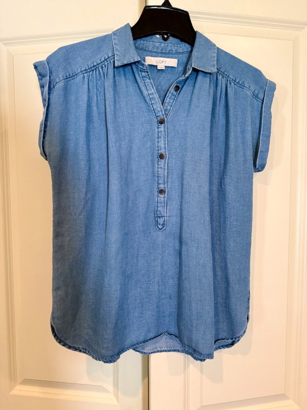 Loft Light Blue Denim Henley-Style Short-Sleeve Shirt, Size XS